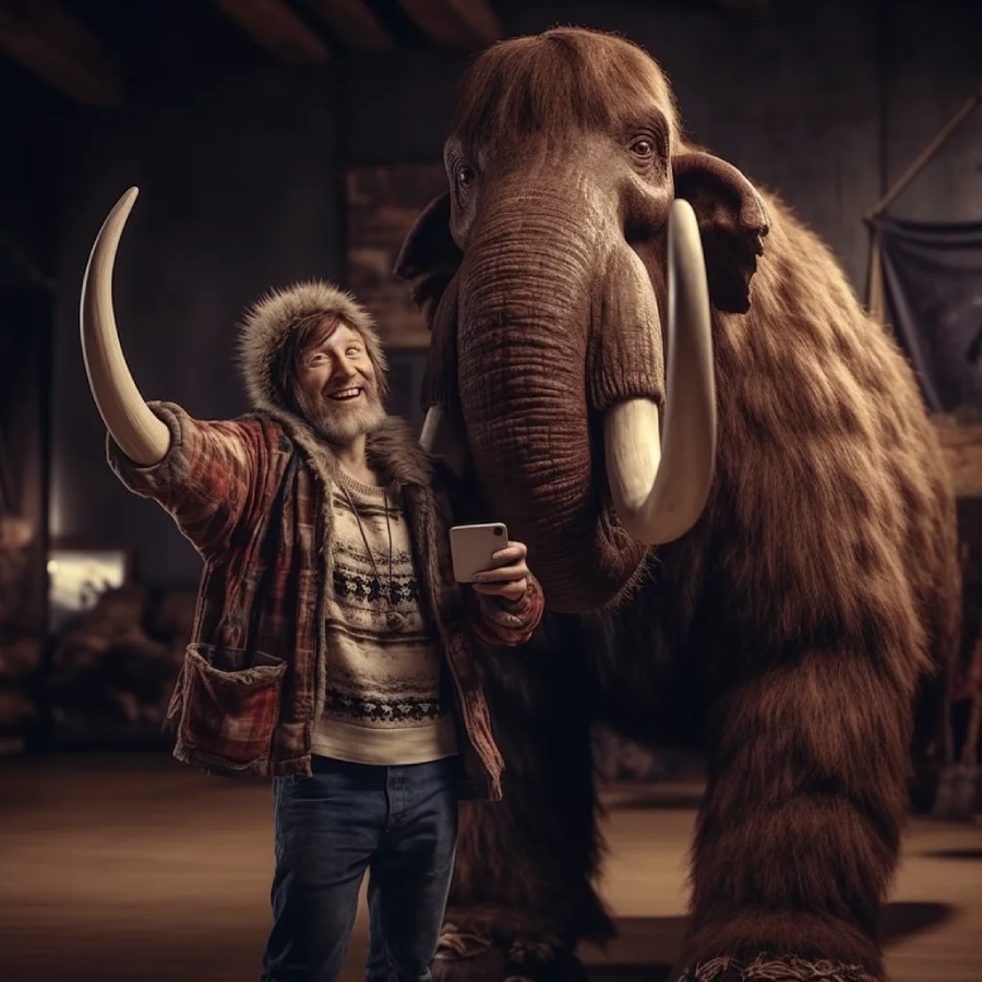 A smiling man in winter clothing takes a selfie while holding a mug, standing next to a friendly, furry woolly mammoth indoors under warm lighting.