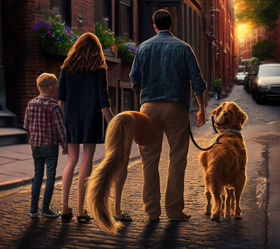 A family of three and a golden retriever stand on a cobblestone street at sunset. The woman in the center has a large, fluffy dog tail, blending her with the dog. The street is lined with brick buildings and flowers.