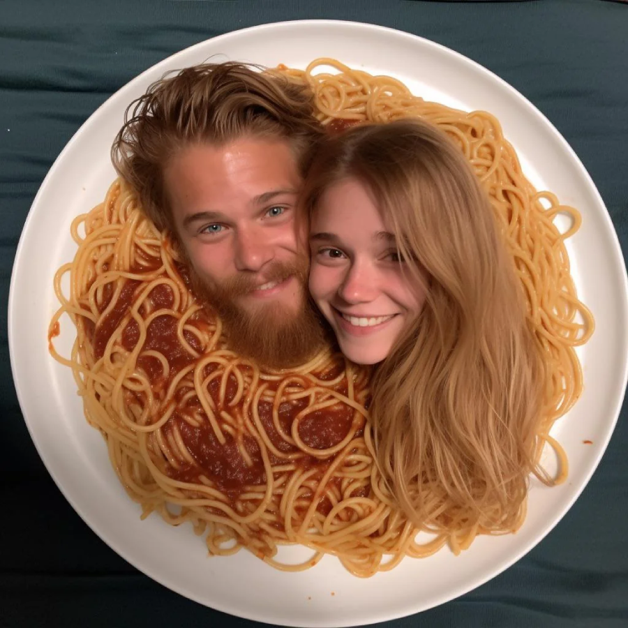 A plate of spaghetti with tomato sauce features the faces of a smiling man and woman edited into the noodles, blending their hair with the pasta.