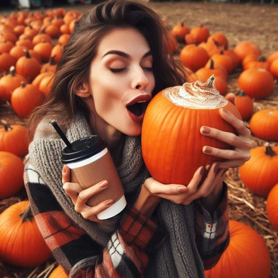 A woman in a plaid shirt and scarf holds a pumpkin close to her face and looks excited, while holding a to-go coffee cup. She is surrounded by pumpkins in an outdoor pumpkin patch.