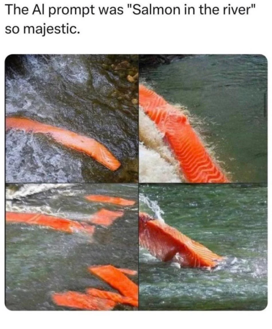 A four-panel meme shows slabs of raw salmon photoshopped into a river, pretending to be swimming fish. The caption reads, "The AI prompt was 'Salmon in the river' so majestic.