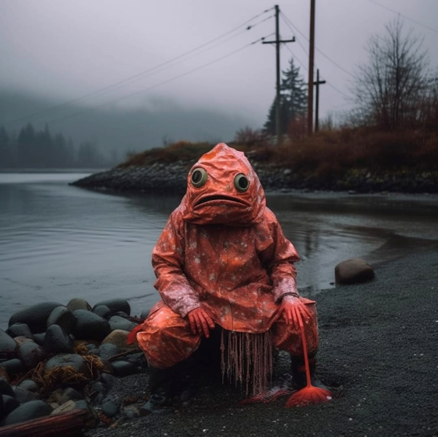 A person wearing a large, fish-like costume with big eyes and pinkish-red colors sits on a misty lakeshore, surrounded by rocks and water, with foggy trees and telephone poles in the background.