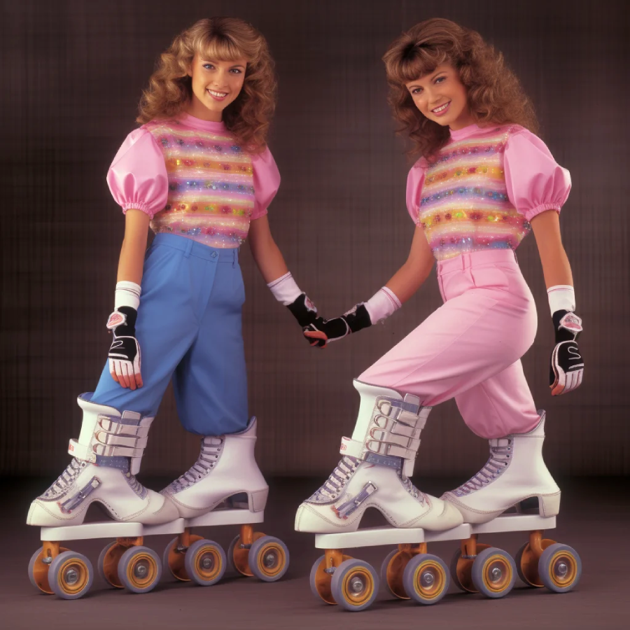 Two young women in colorful 1980s outfits and gloves pose on roller skates, holding hands and smiling against a brown studio backdrop. They wear puffy-sleeved tops and high-waisted pants in blue and pink.