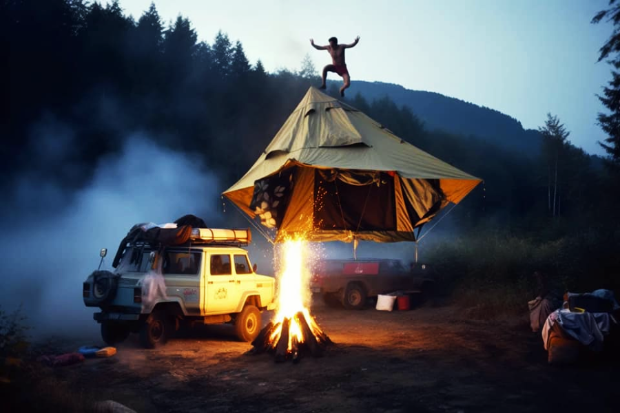 A person jumps off a tent platform suspended between two vehicles near a blazing campfire at dusk, surrounded by trees and mountains in a misty outdoor setting.
