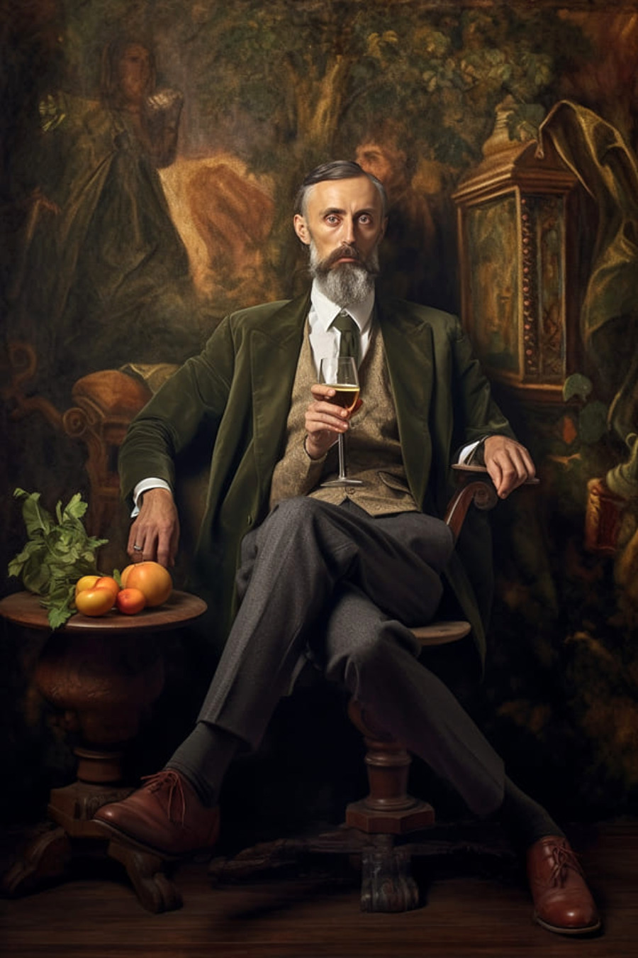 A distinguished man with a gray beard, dressed in vintage attire, sits in a chair holding a glass of wine. Beside him is a small table with fruit and herbs, with a dramatic, artistic backdrop behind him.
