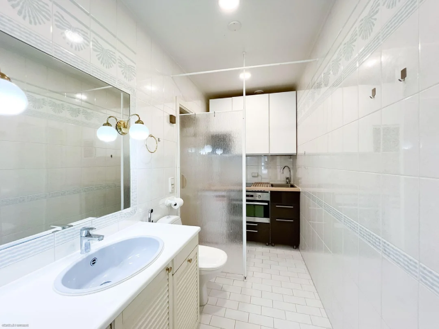 Bright white bathroom with a sink, mirror, and toilet on the left, a frosted glass shower divider in the center, and a compact kitchen area with cabinets and appliances at the far end.
