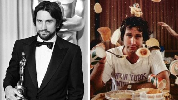 Side-by-side photos: on the left, a man in a tuxedo holding a trophy in black and white; on the right, a man in a New York University shirt surrounded by flying breakfast food and cups in color.
