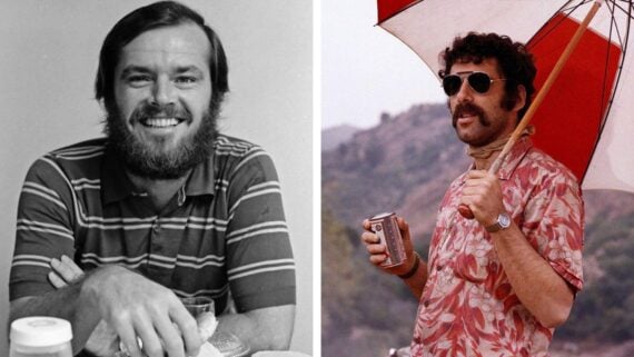 A split image: on the left, a man with a beard and striped shirt smiles at a table; on the right, a man with sunglasses, mustache, and a floral shirt holds a soda can and stands under a red-and-white umbrella outdoors.
