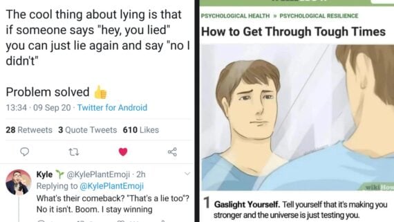 A tweet jokes about lying, saying to deny if accused, followed by a "problem solved" comment and a thumbs-up emoji. Next to it, a WikiHow illustration appears with the title "How to Get Through Tough Times" and advice to "Gaslight Yourself.
