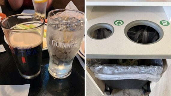 A split image: On the left, two glasses&mdash;one labeled Michelob Ultra with dark beer and one labeled Guinness with water and ice&mdash;sit on a table. On the right, two trash bins marked for recycling and garbage under a counter.