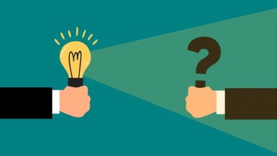 Illustration of two hands: one holding a glowing light bulb, shining light onto a large question mark held by the other hand. The background is teal, symbolizing ideas illuminating questions.