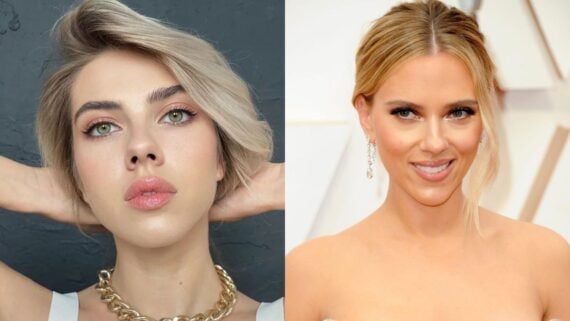 Side-by-side photos of two women with blonde hair and light eyes. The woman on the left has short hair, bold makeup, and wears a chunky gold necklace. The woman on the right has her hair up and is dressed formally, smiling slightly.