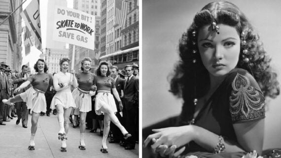 Split image: Left side shows four women in 1940s-style skating outfits roller skating in a city parade, holding a sign that reads &ldquo;Do Your Bit! Skate to Work Save Gas.&rdquo; Right side is a black-and-white portrait of a glamorous woman.