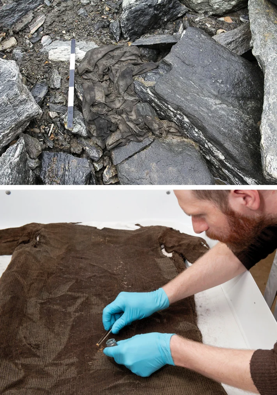 Top: An ancient woolen tunic lies partially buried among rocks. Bottom: A person wearing blue gloves carefully examines and cleans the brown tunic, which is laid flat on a table for preservation.