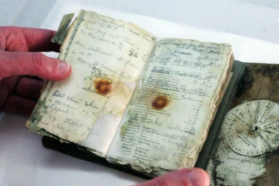 A person holds open an old, weathered notebook with handwritten notes, stains, and a circular diagram on the inside cover. The pages appear aged and worn, with various scribbles and markings visible.