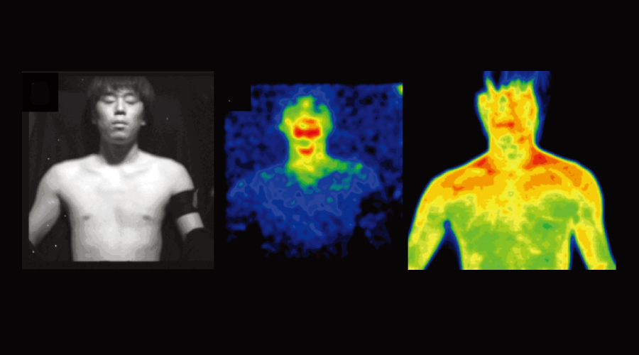 A grayscale photo of a shirtless person, followed by two thermal images of the same person, showing varying heat levels in colors from blue (cool) to red/yellow (warm). The background is black.