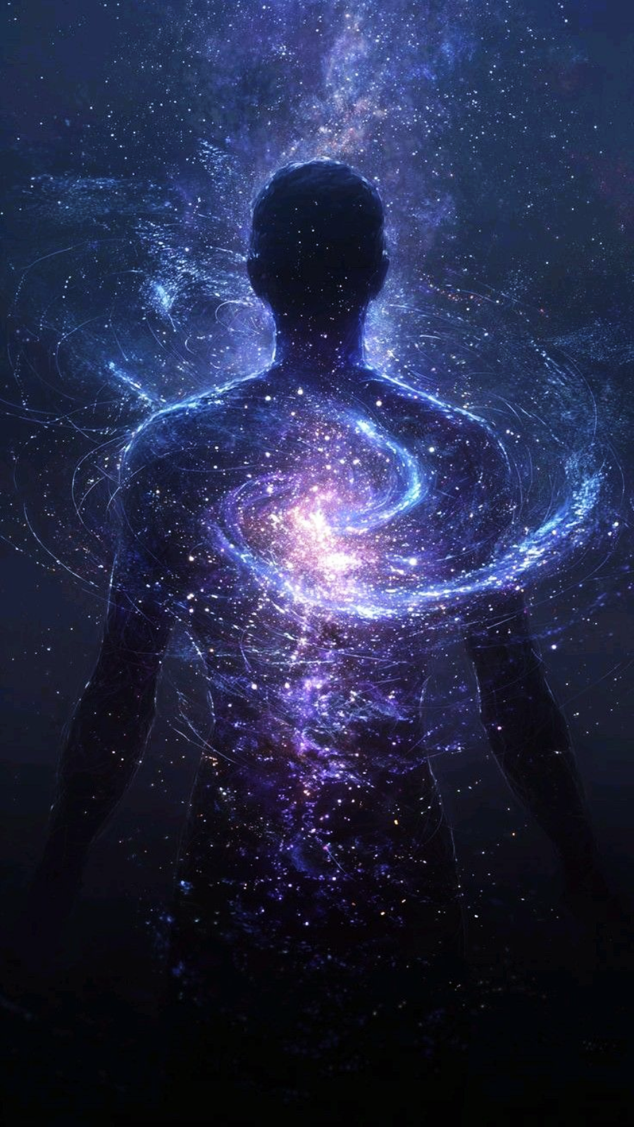 A silhouette of a person stands against a dark background, filled with swirling cosmic lights, stars, and nebulae, giving the impression that the universe is within and surrounding their body.