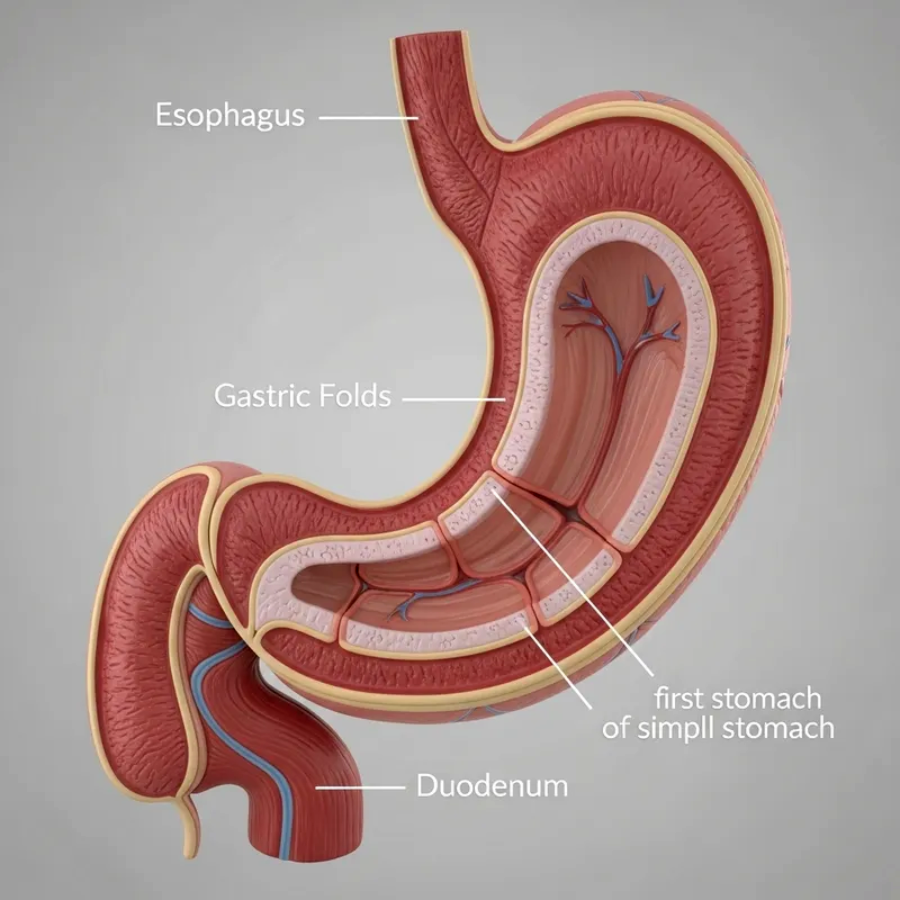 A labeled anatomical diagram of the human stomach showing the esophagus, gastric folds, first stomach of simple stomach, and duodenum. The stomach is shown in cross-section to reveal internal features.