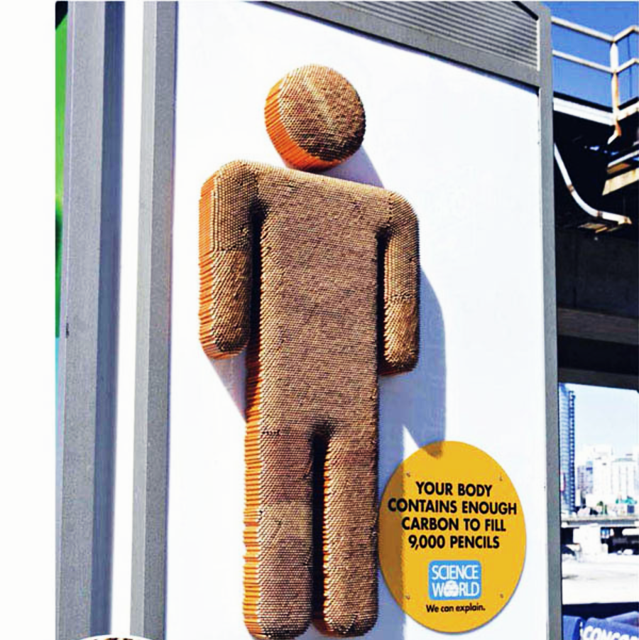 A sculpture of a human figure made from stacked pencils is mounted on a wall. A nearby sign reads, "Your body contains enough carbon to fill 9,000 pencils. Science World. We can explain." City buildings are visible in the background.