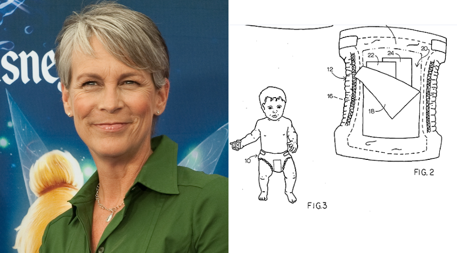A split image: on the left, a smiling woman with short gray hair in a green shirt stands in front of a blue backdrop; on the right, a black-and-white drawing of a baby wearing a diaper and a technical diaper diagram.