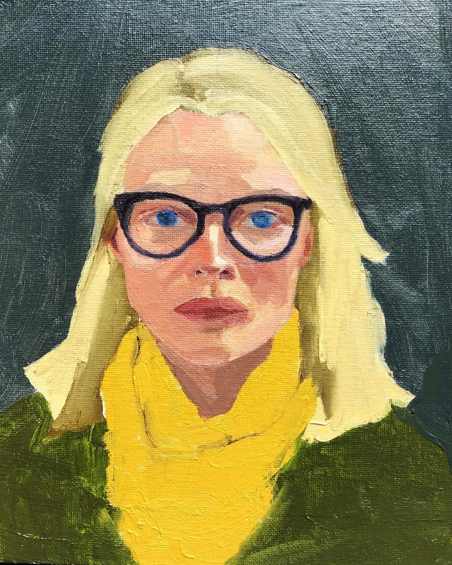 A painted portrait of a person with light blonde hair, wearing black glasses, a bright yellow scarf, and a green top, set against a dark background.