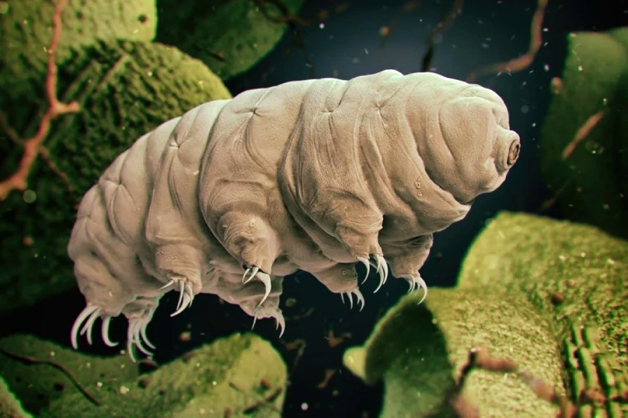 A close-up illustration of a gray tardigrade, also known as a water bear, with segmented body and tiny legs, navigating through a green, mossy environment under a microscope.