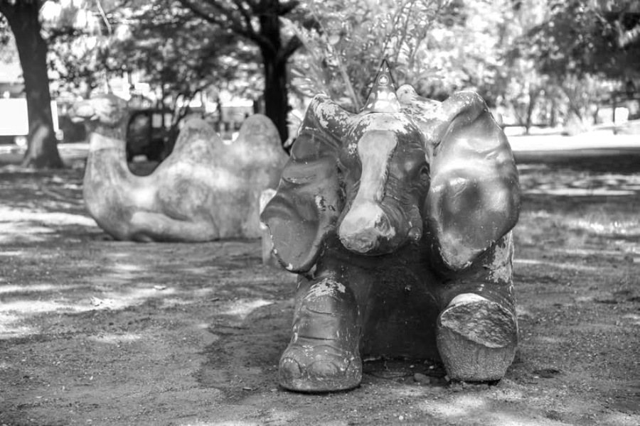 A black and white photo of a playground featuring concrete animal sculptures, including a large elephant in the foreground and a camel with two humps in the background, surrounded by trees.