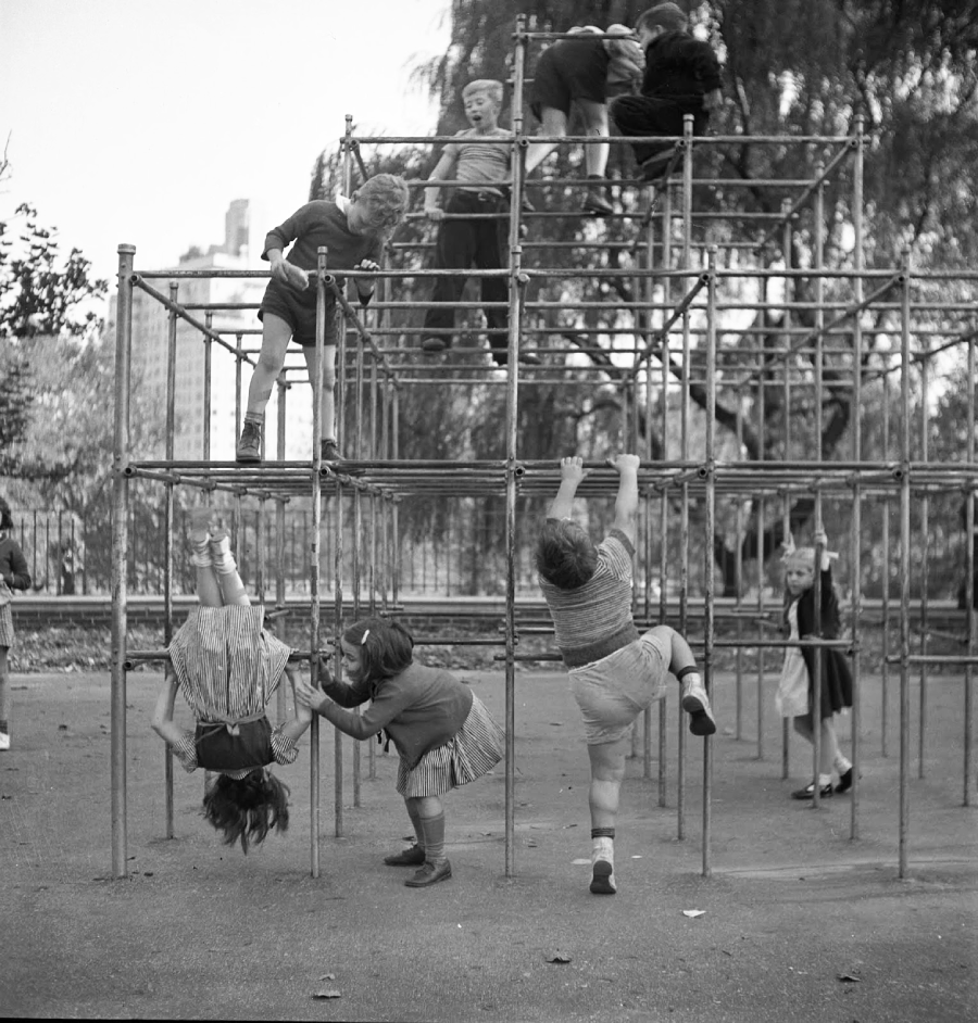 Children play energetically on a metal jungle gym in a park. Some are climbing, others are hanging or swinging upside down. Trees and city buildings are visible in the background.
