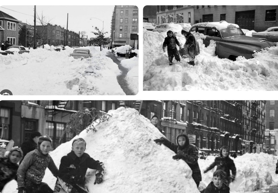Children play in large piles of snow on city streets, with parked cars and buildings partially buried and surrounded by heavy snow after a blizzard. The scenes appear to be from a past era.