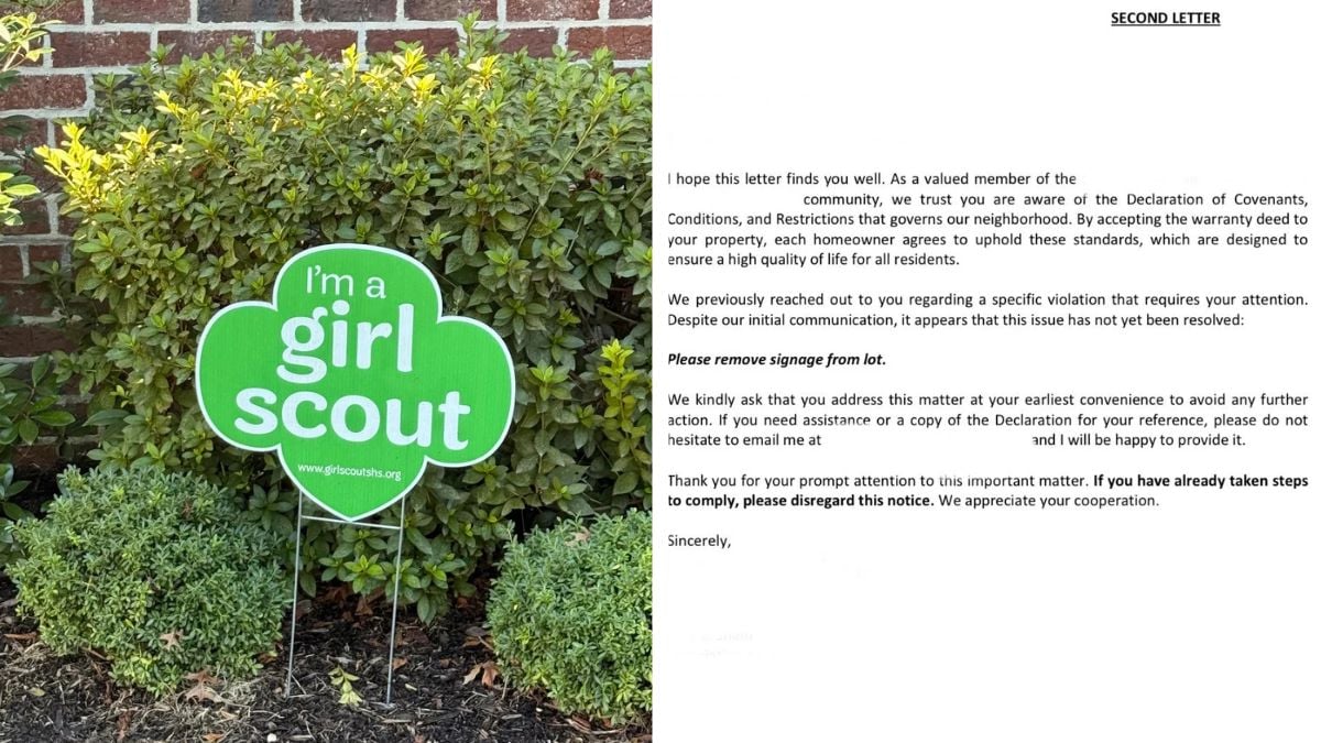 A green "I'm a girl scout" yard sign stands in front of a brick wall and bushes. Next to it is a letter advising the homeowner to remove the sign due to neighborhood regulations.