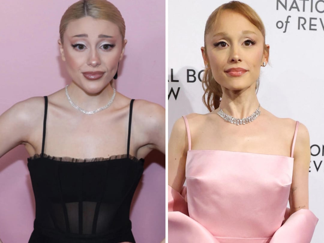 Two women with similar features pose side by side. One wears a black dress against a pink background, and the other wears a pink dress with gloves against a white backdrop with text. Both have light hair and wear diamond necklaces.
