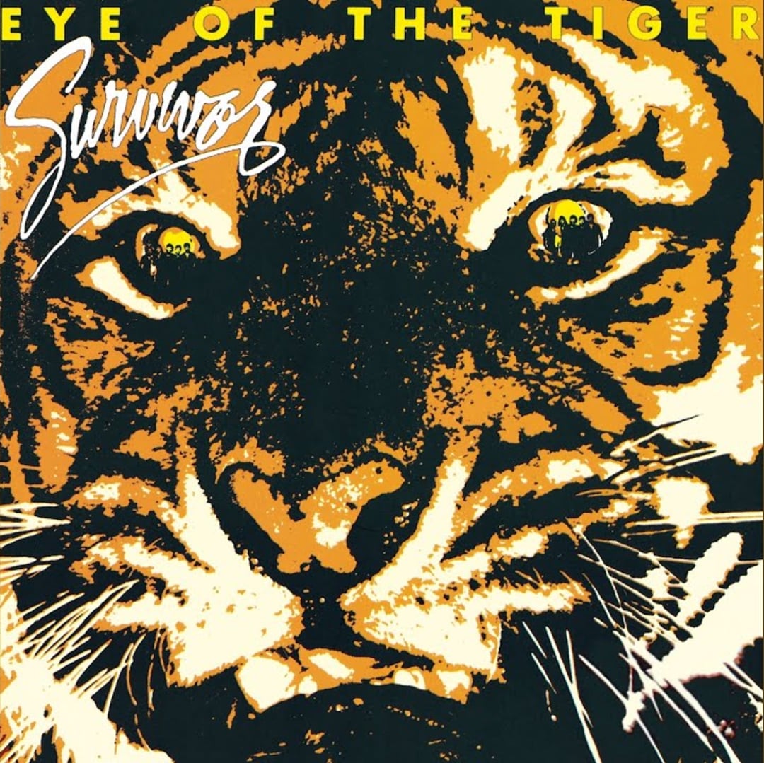Close-up graphic illustration of a tiger's face with intense eyes. The text "EYE OF THE TIGER" appears at the top in yellow, and "Survivor" is written in white script across the left side.