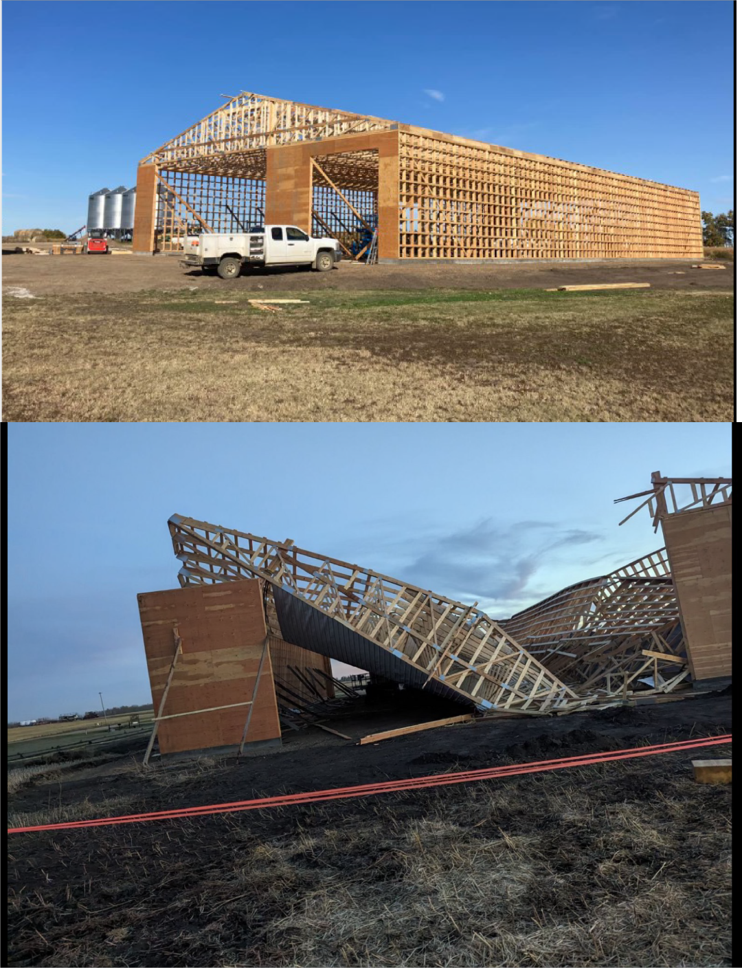 A large wooden barn under construction is shown in the top image, while the bottom image shows the same barn’s frame collapsed onto the ground, with debris scattered nearby on brown grass.