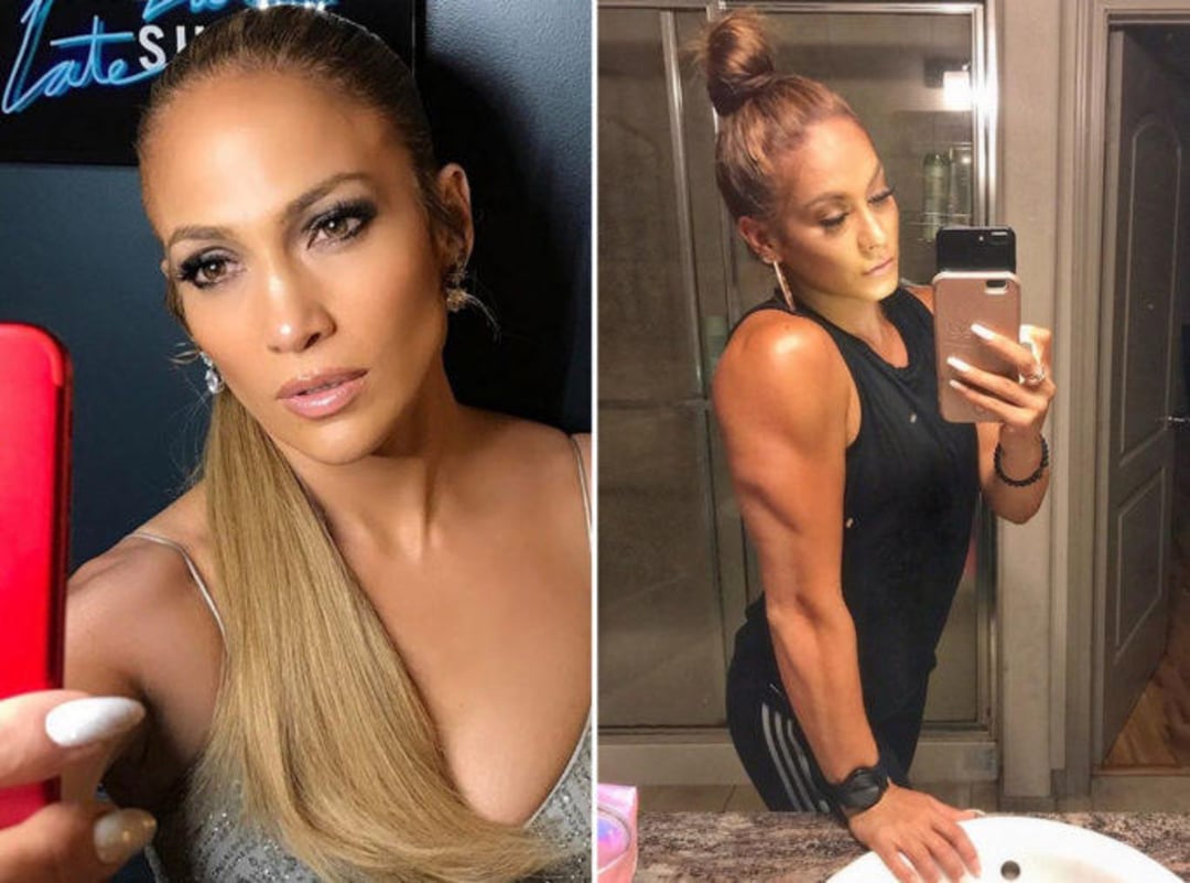 Two side-by-side selfies of a woman: on the left, she has straight blond hair in a ponytail and wears a silver top; on the right, she wears a black tank top with her hair in a bun, showing off a muscular arm in a bathroom.