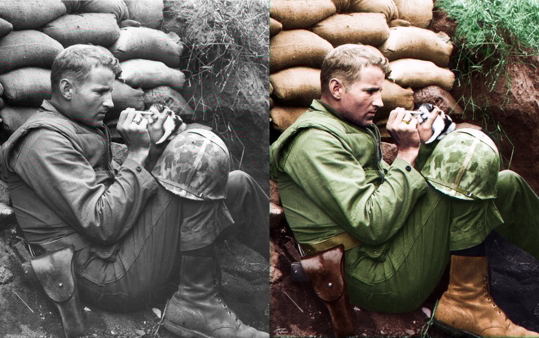 A soldier sits in a trench, holding binoculars. The image is split in half: the left side is in black and white, and the right side is colorized, showing his green uniform and brown boots. Sandbags are stacked behind him.
