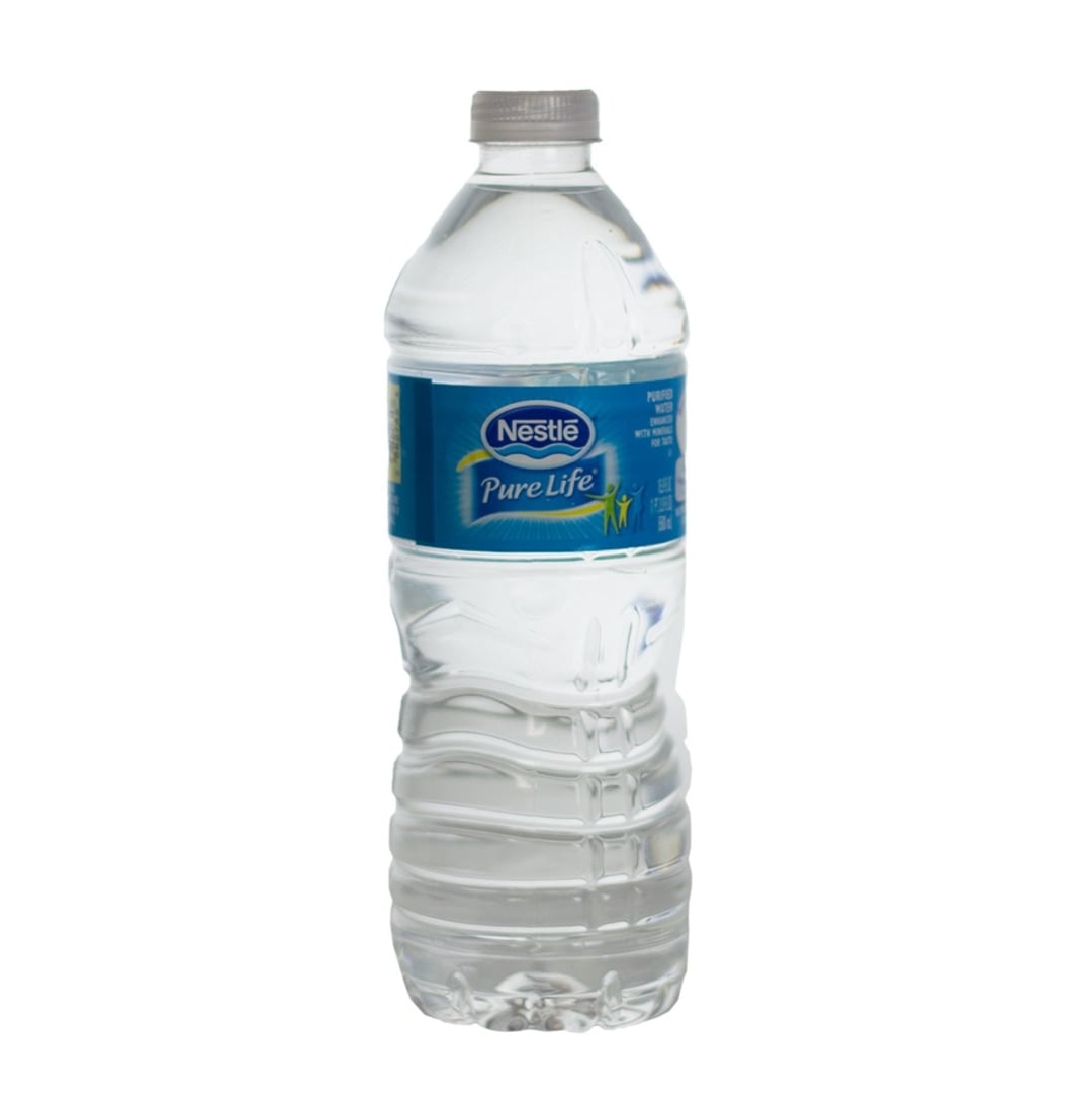 A clear plastic bottle of Nestlé Pure Life water with a blue label and a white cap, filled with clear water.