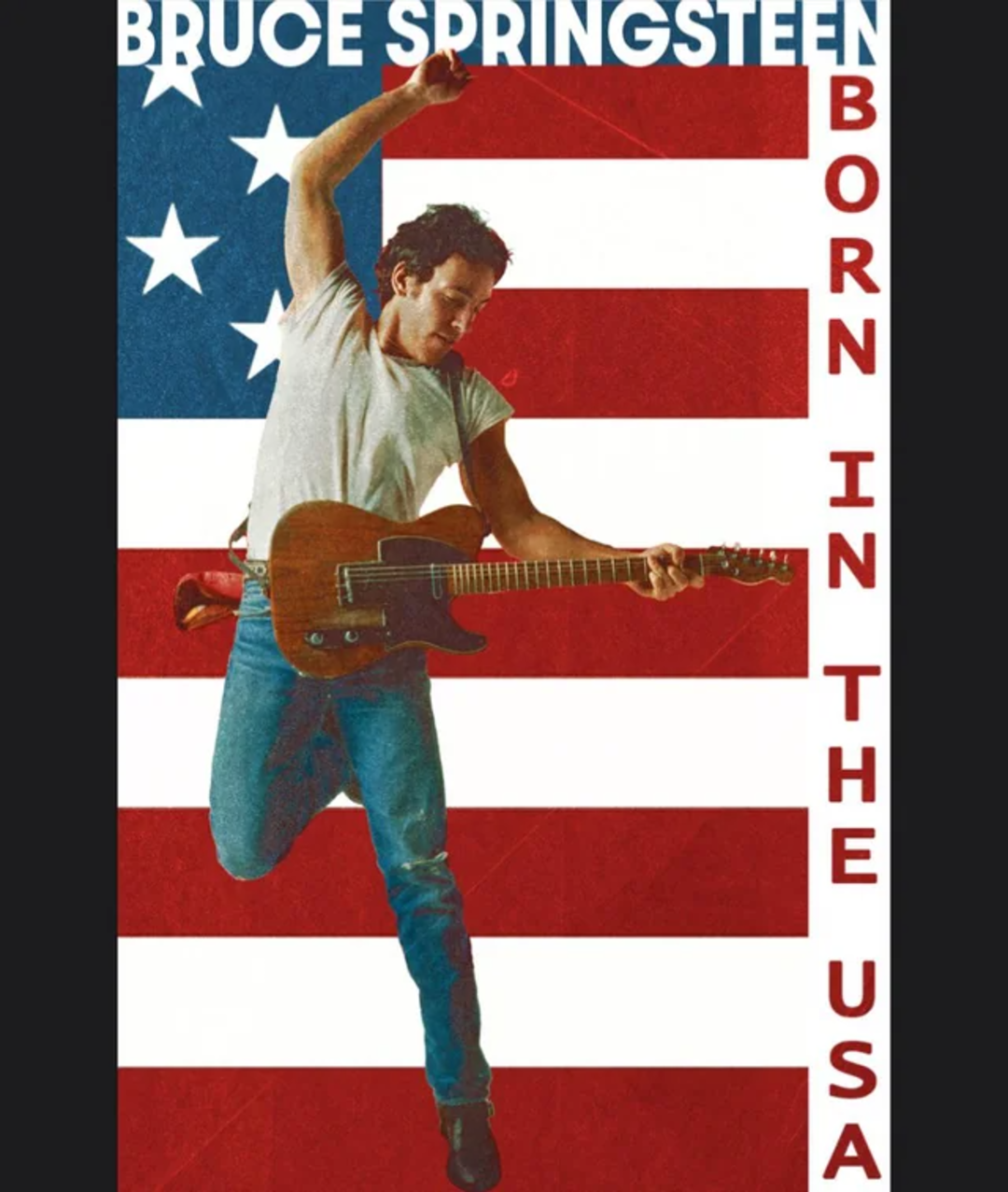 Bruce Springsteen jumps with a guitar in front of a US flag backdrop. The text reads “Bruce Springsteen” at the top and “Born in the USA” vertically on the right side.