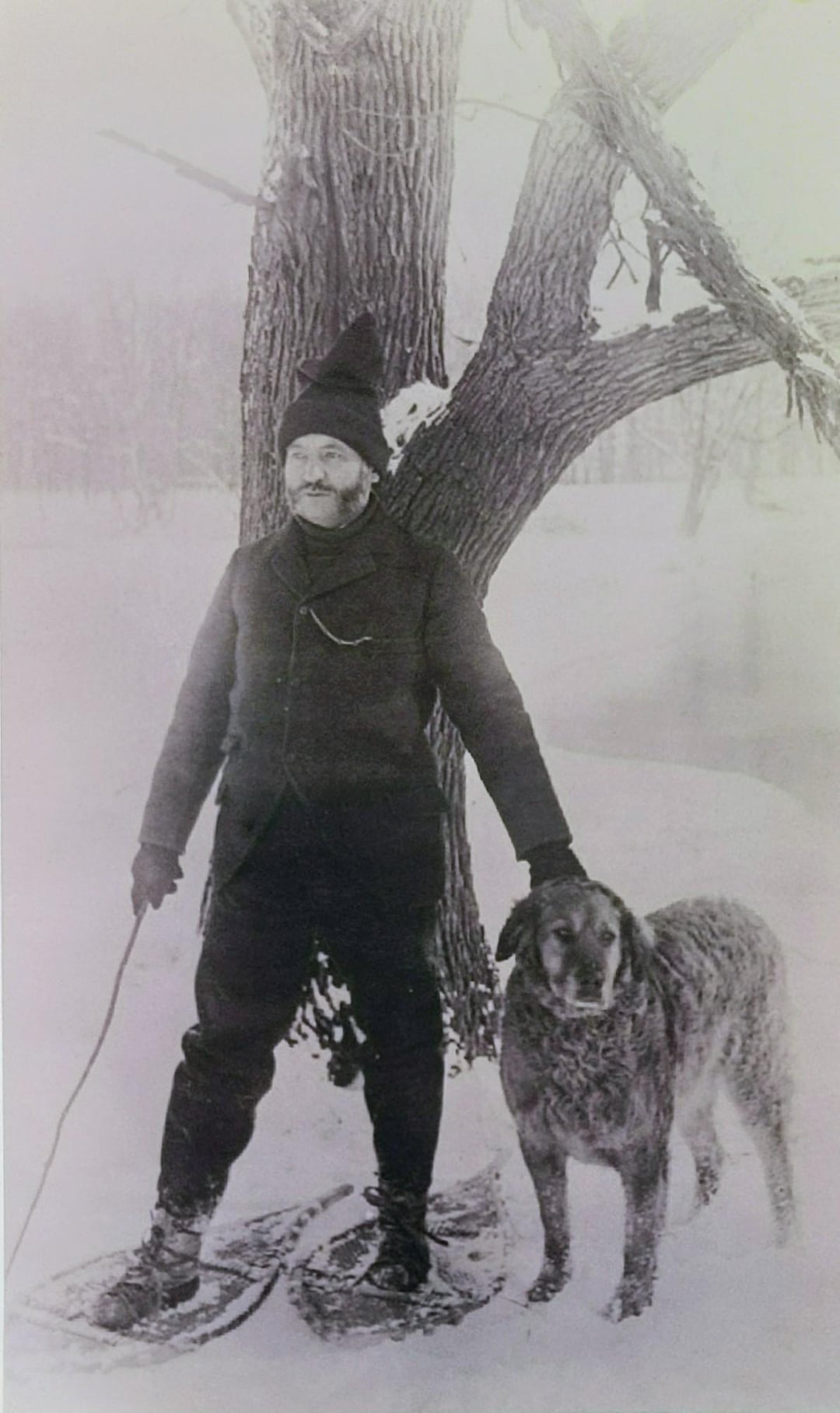 A man wearing winter clothes and snowshoes stands in snow beside a large dog, with one hand resting on the dog's back. They are next to a bare tree in a snowy, wintry landscape.
