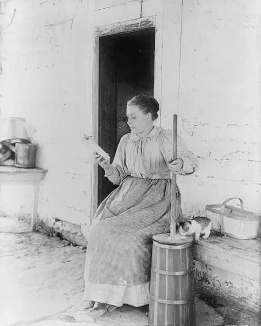 A woman in a long striped dress sits on a wooden bench outside a rustic building, churning butter. She holds a butter mold and a cat stands beside her near a basket on the bench.