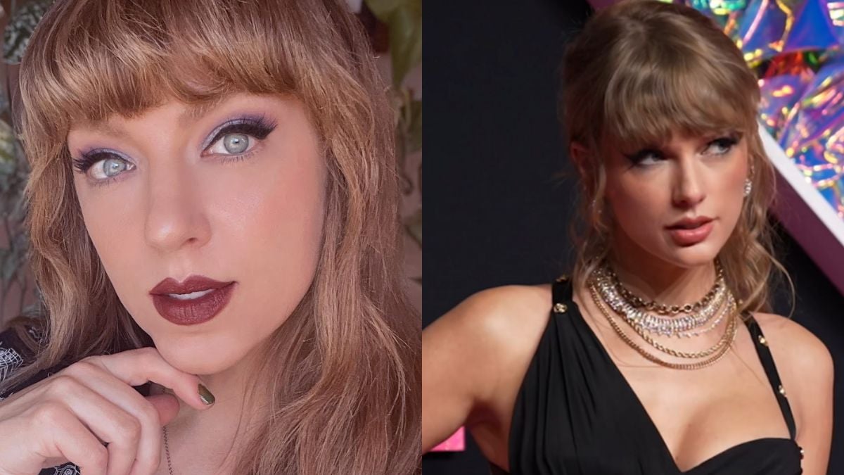 Side-by-side photos of two women with light skin, wavy blonde hair, and bangs. The left woman has bold makeup and dark lipstick; the right woman wears a black dress and layered necklaces at an event.