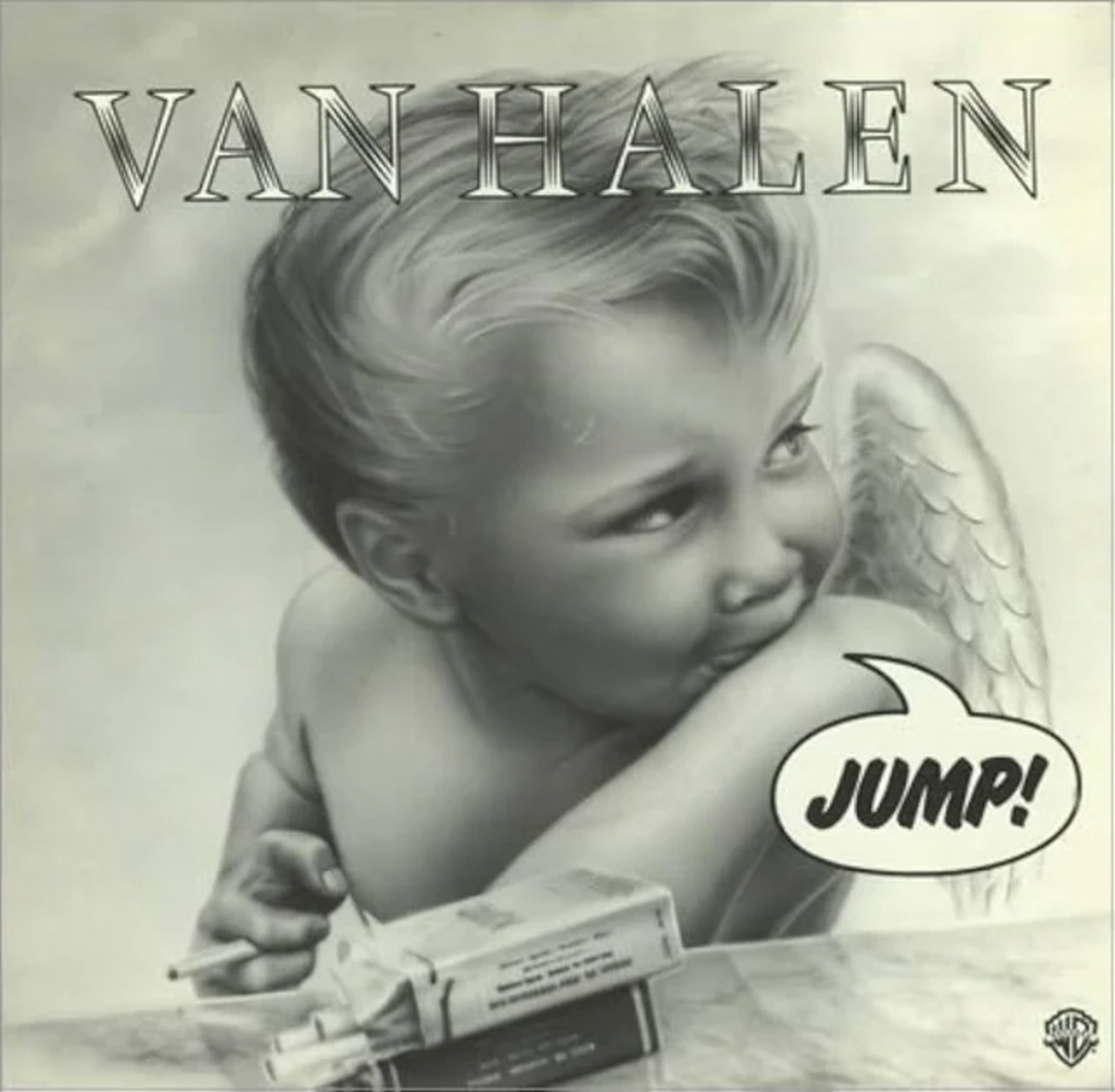 Black-and-white cover art featuring a mischievous angelic child with wings, holding a cigarette and looking sideways. A speech bubble says "JUMP!" The words "VAN HALEN" appear at the top.