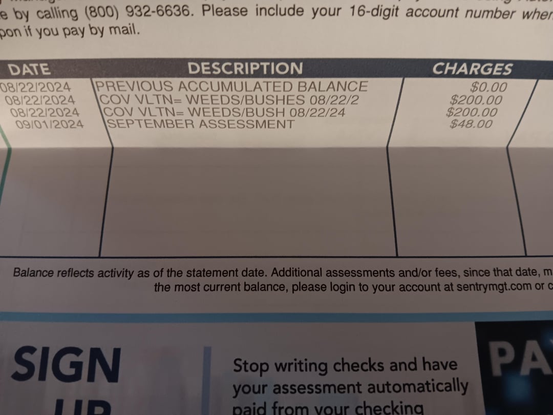 A statement shows charges dated 08/21/2024: $200 for "COV VLTN- WEEDS/BUSHES," and 08/22/2024: $48 for "SEPTEMBER ASSESSMENT." The previous balance is $0.00.