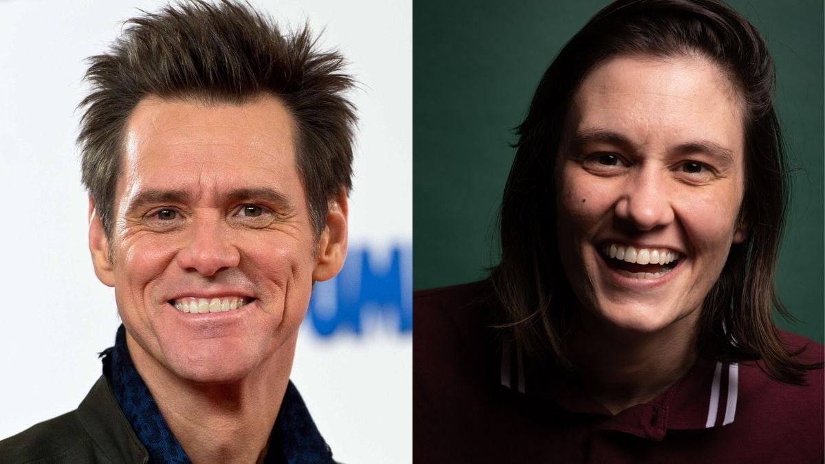 A split image shows two people smiling: on the left, a man with spiked brown hair wearing a dark jacket; on the right, a person with shoulder-length brown hair in a maroon shirt against a dark green background.