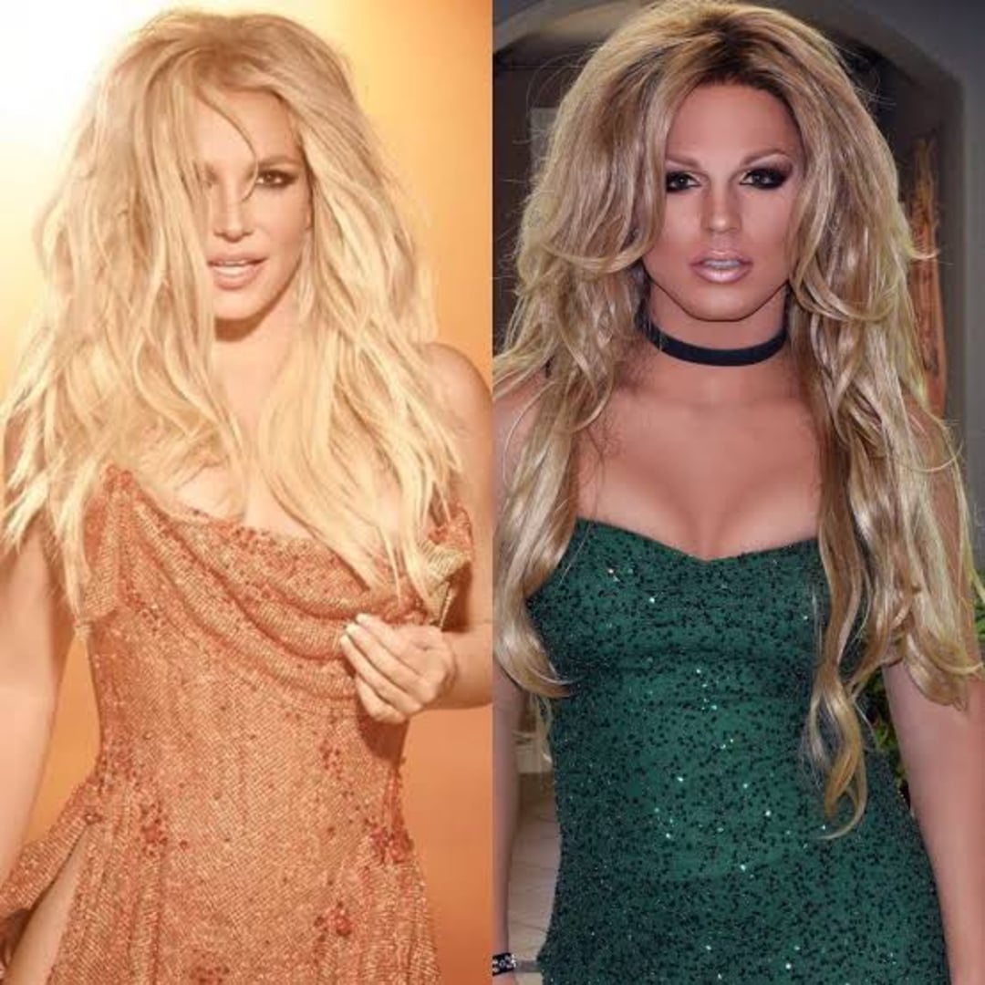 Side-by-side image of two people with long blonde hair and glamorous makeup; left wears a sparkly gold dress, right wears a sparkly green dress and a black choker, both posing confidently.