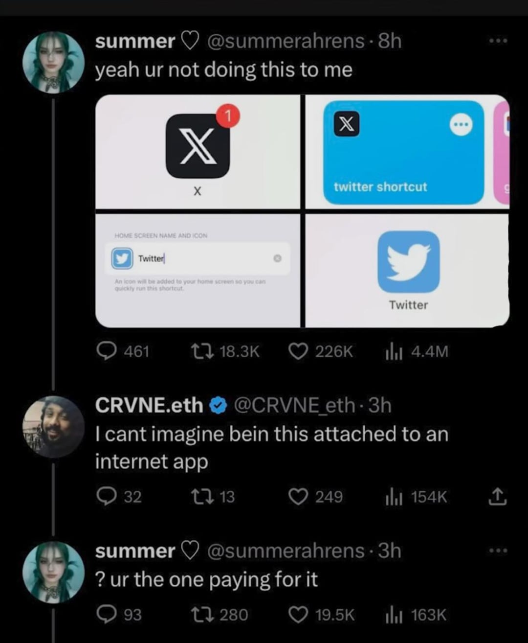 A Twitter exchange shows a user upset about the Twitter app icon changing from a blue bird to an "X." Another user mocks the attachment, and the original poster retorts that the other person is still paying for the app.