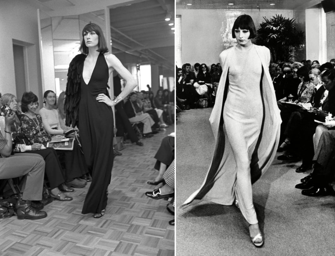 Two black and white photos of runway models in elegant dresses walking past seated audiences at fashion shows; one wears a deep V-neck gown, the other a sleeveless dress with a matching long cape.
