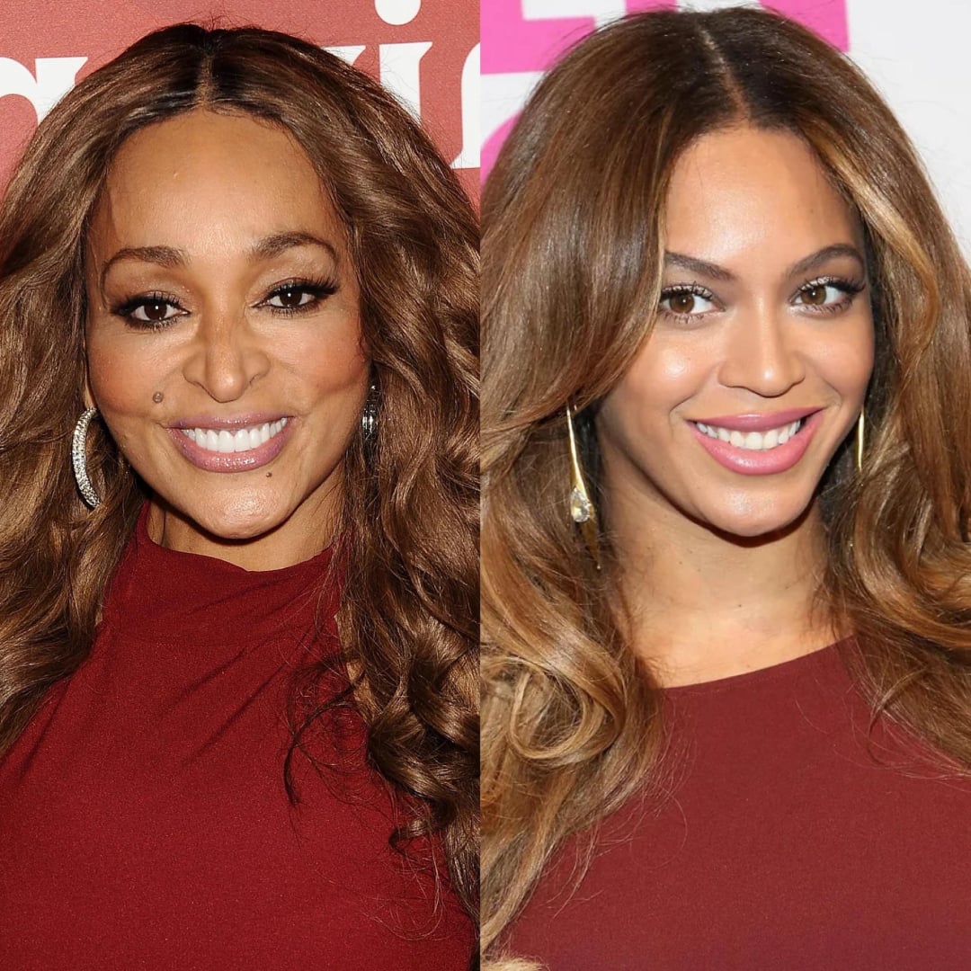 Two women with light brown, wavy hair wearing maroon tops and hoop earrings, smiling at the camera against colorful, patterned backgrounds.