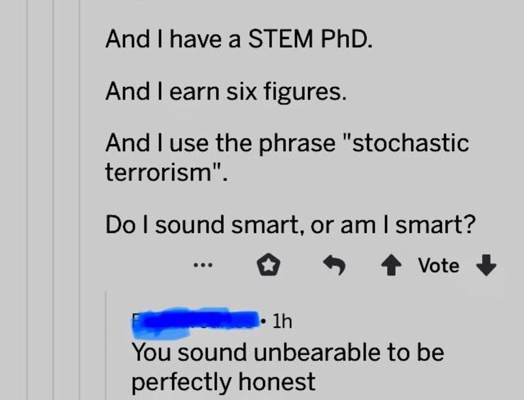 A social media post reads: "And I have a STEM PhD. And I earn six figures. And I use the phrase 'stochastic terrorism.' Do I sound smart, or am I smart?" A reply says, "You sound unbearable to be perfectly honest.