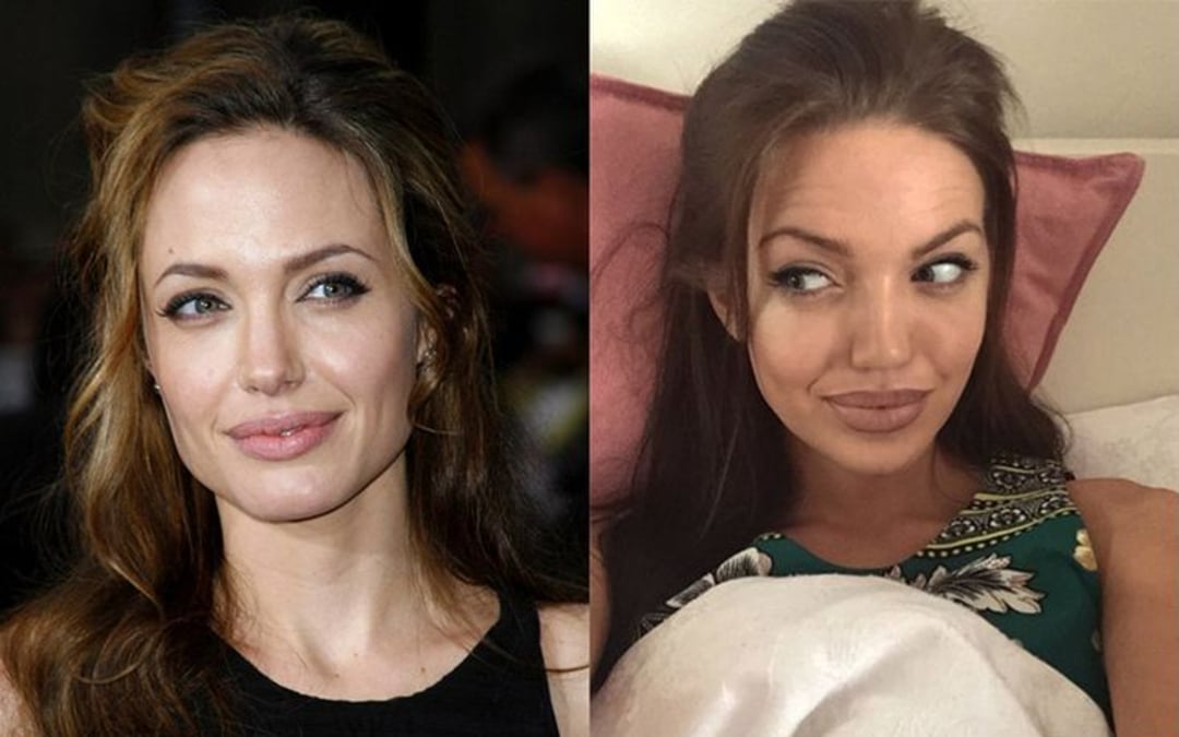 Side-by-side photos of two women with similar features and long brown hair; one is at an event with soft makeup, and the other is lying on a bed, smiling slightly and glancing to the side.