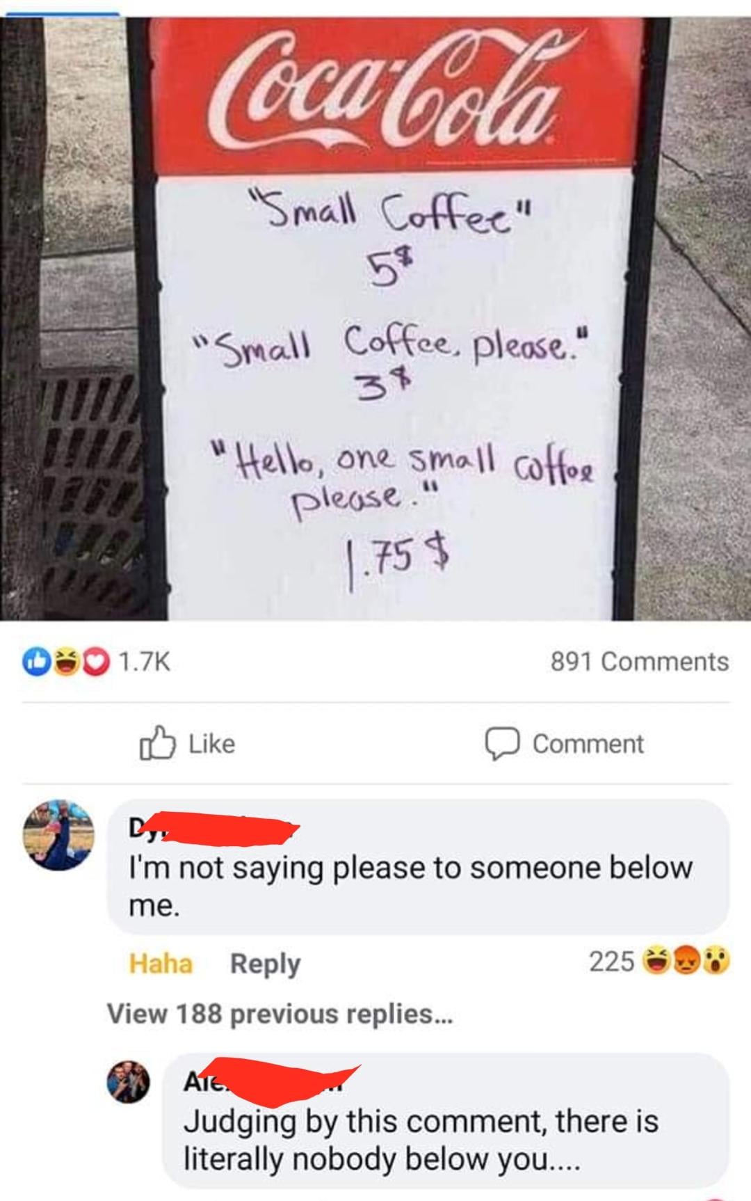 A sidewalk sign reads: "Coca-Cola. 'Small coffee' $5, 'Small coffee, please.' $3, 'Hello, one small coffee please.' $1.75." Below, a Facebook post debates the use of "please" in ordering coffee.